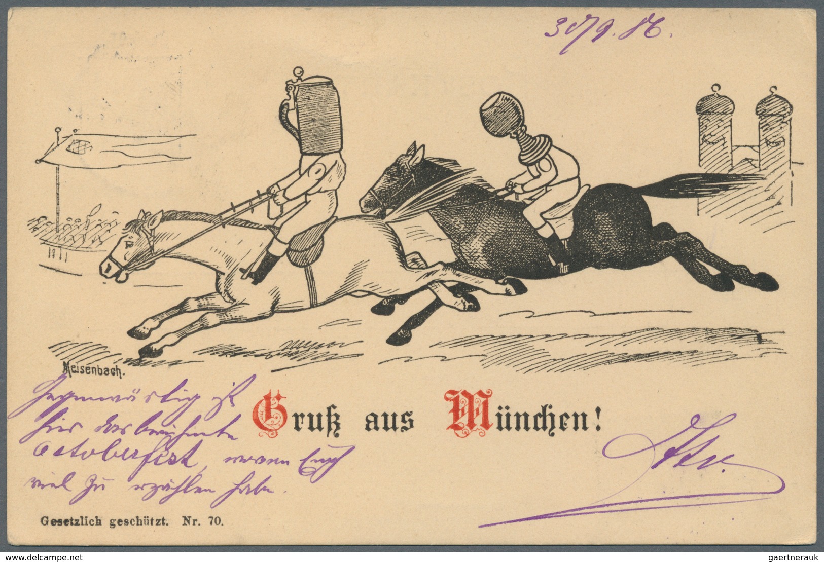 Ansichtskarten: Vorläufer: 1886, MÜNCHEN, Pferderennen Sign. Meisenbach, Gestempelt München, Mit Lei - Unclassified
