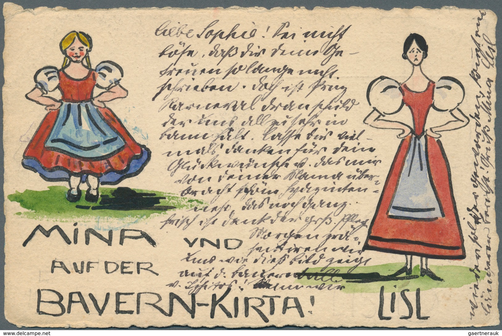 Ansichtskarten: Bayern: MÜNCHEN/"Bauern-Kita": 1905, "Mina und Lisl auf der Bauern-Kirta", Handgemal
