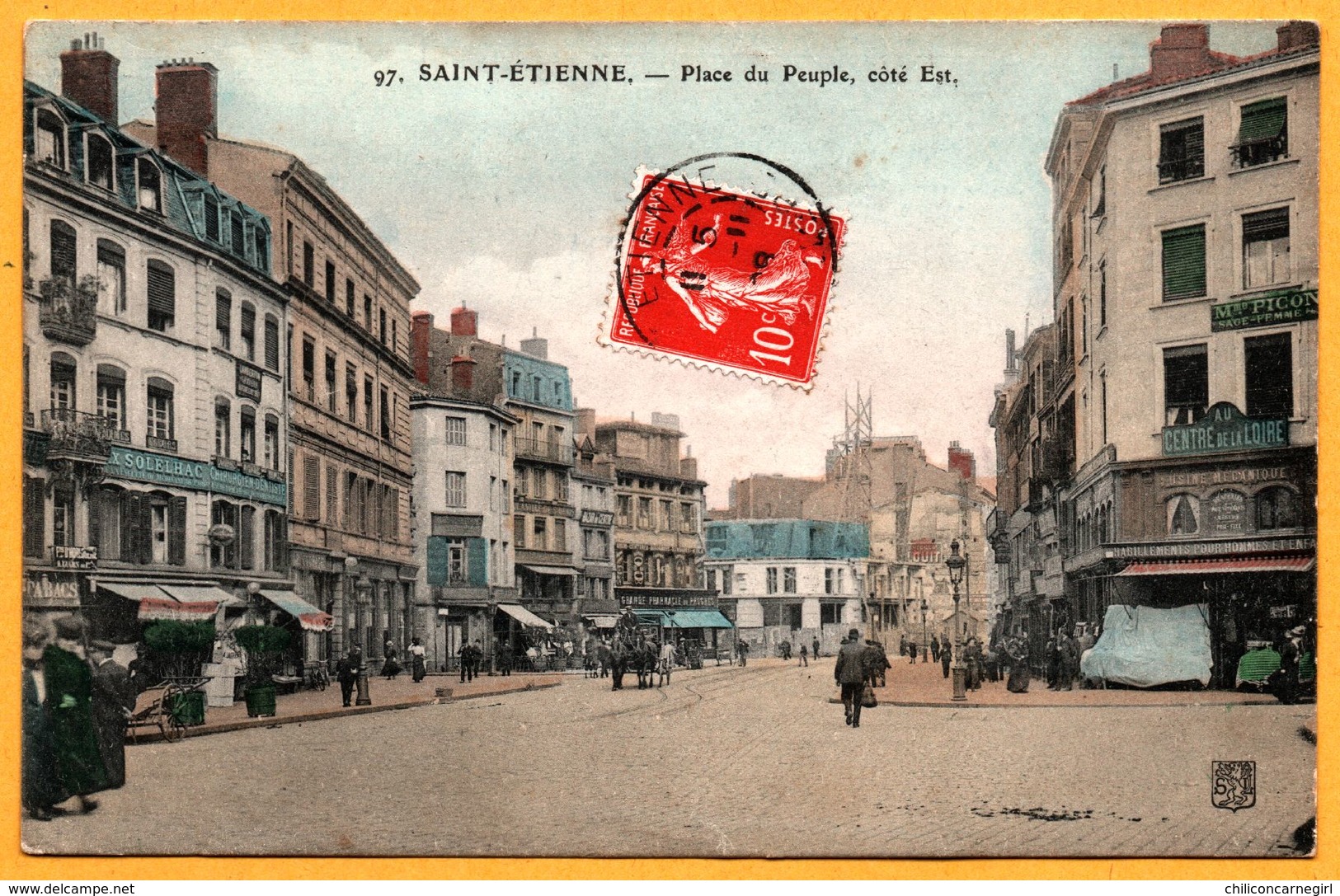 St Saint Etienne - Place Du Peuple Côté Est - Solelhac - Pharmacie - Animée - SL - 1908 - Colorisée - Saint Etienne