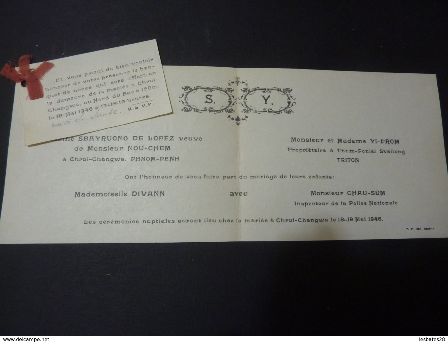 CAMBODGE PHNOM-PENH  Honorer De Votre Préseneces CEREMONIES  NUPTIALES  BANQUET DE NOCES  Mars 1946  Clas 4 - Wedding
