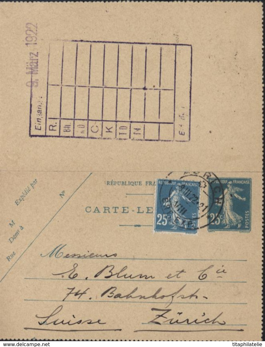 Entier Carte Lettre Semeuse Camée 25c Bleu Oblitération à L'arrivée CAD Suisse Zurich 8 3 22 Entier Daté De Paris - Tarjetas Cartas