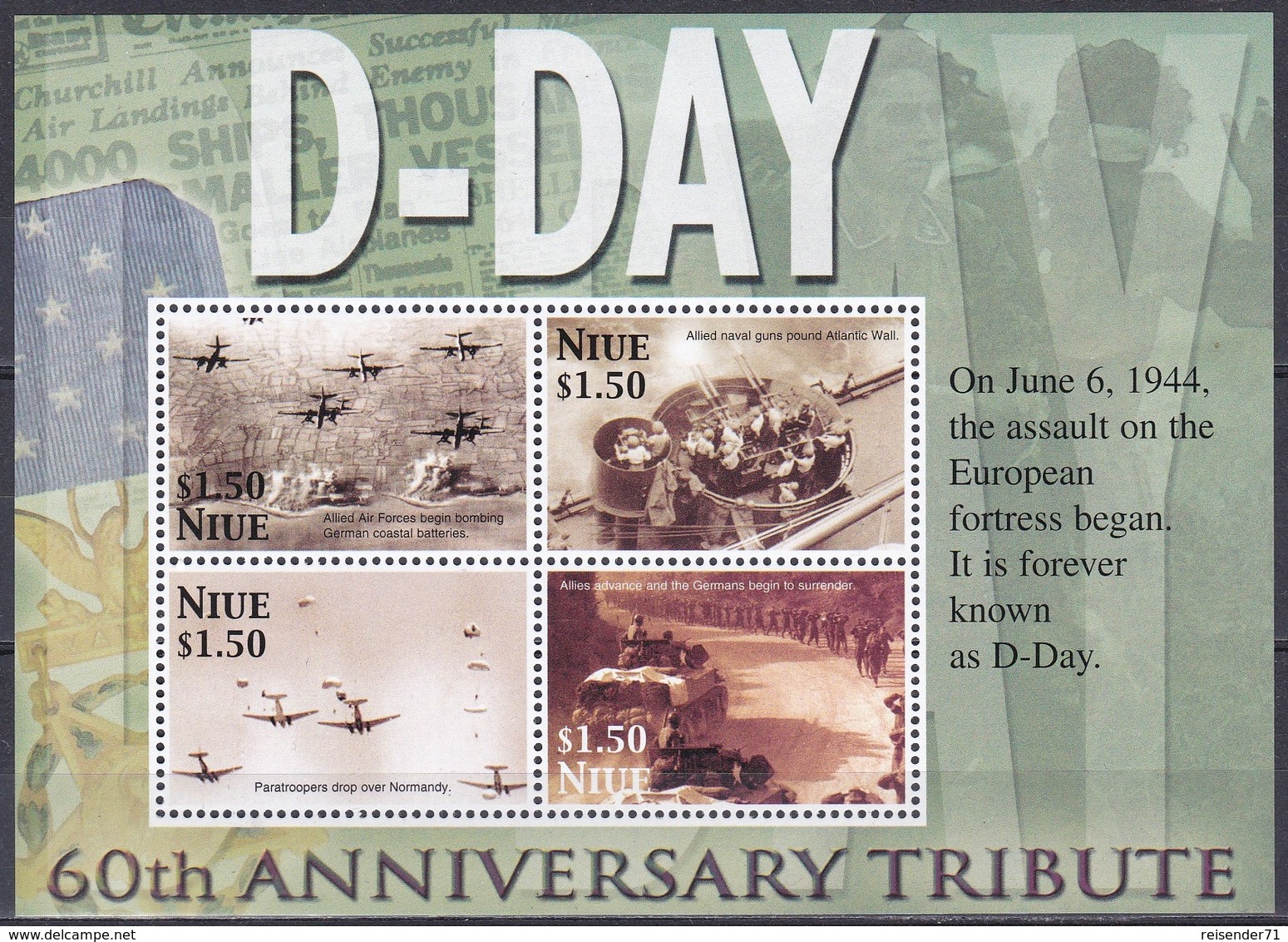 Niue 2004 Geschichte History Weltkried World War Luftwaffe Airforce Marine Navy Normandie Fallschirm, Mi. 1028-1 ** - Niue