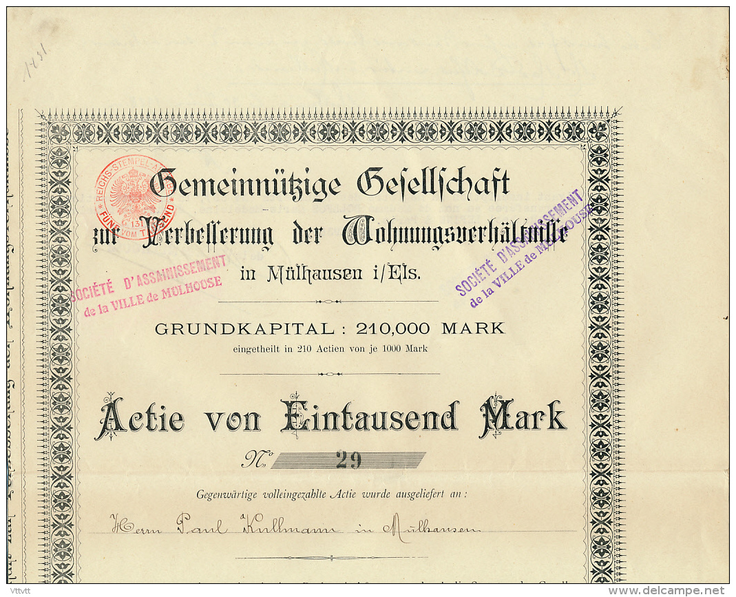 1928 - 1938 : Société D'Assainissement De La Ville De Mulhouse (Mülhausen), Actie Von Eintausend Mrk, 4 Scans - Other & Unclassified