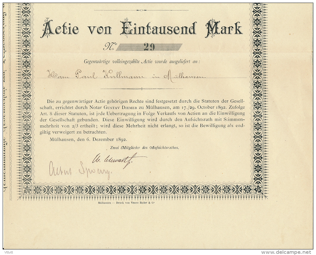 1928 - 1938 : Société D'Assainissement De La Ville De Mulhouse (Mülhausen), Actie Von Eintausend Mrk, 4 Scans - Other & Unclassified