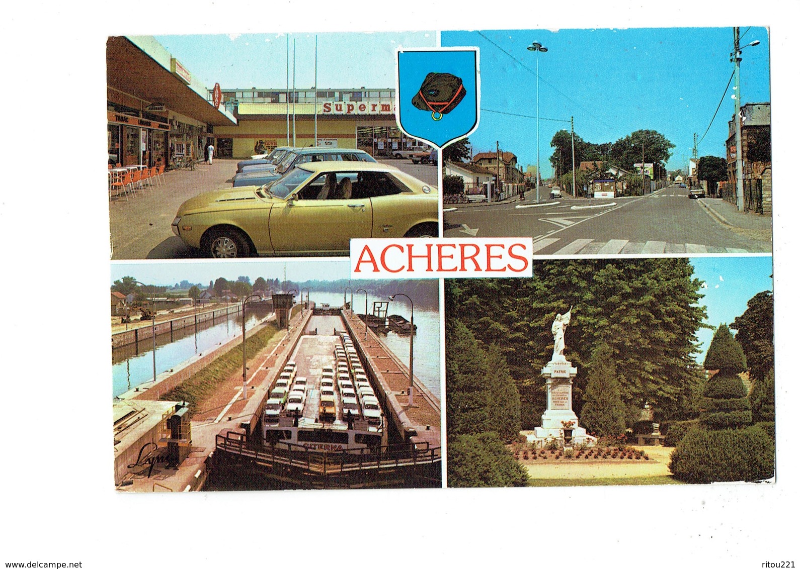 Cpm - 78 - Acheres - Centre Commercial Place Barrage Square De Verdun Péniche Citerna Tabac Supermarché Blason Ours - Acheres