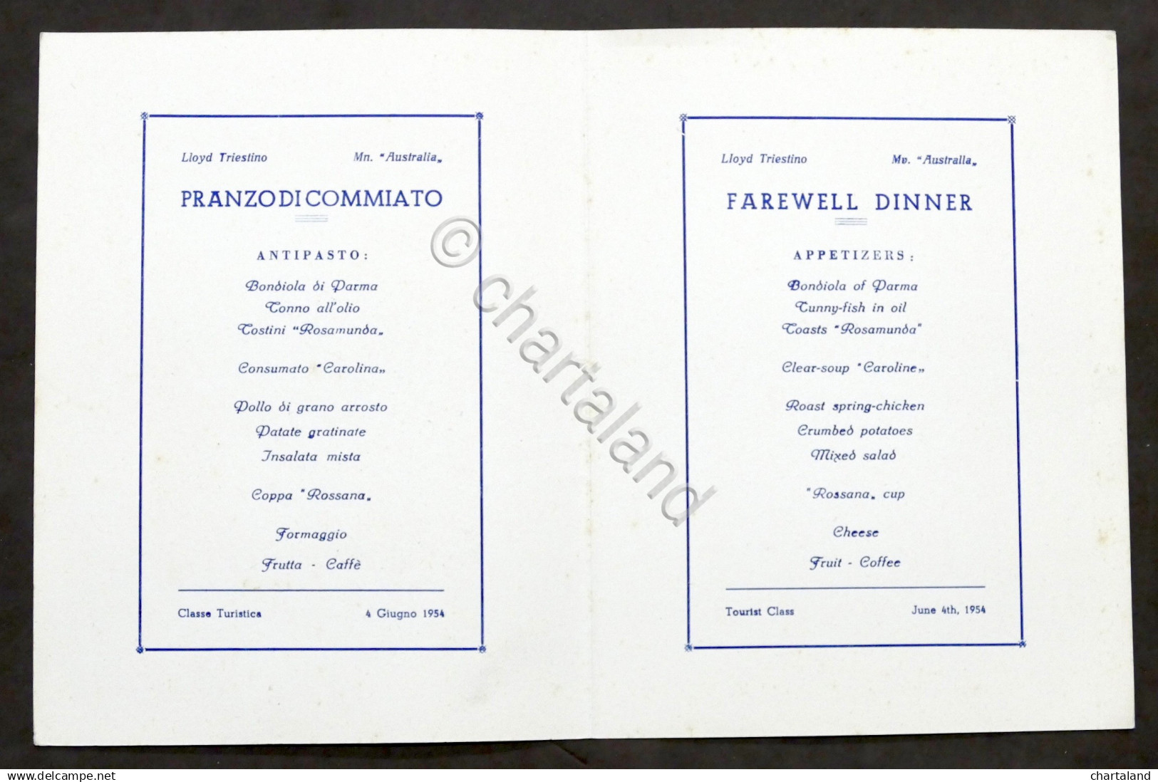 Collezionismo Menu Navi LLOYD Triestino - Mn. Australia - Pranzo 4 Giugno 1954 - Menu