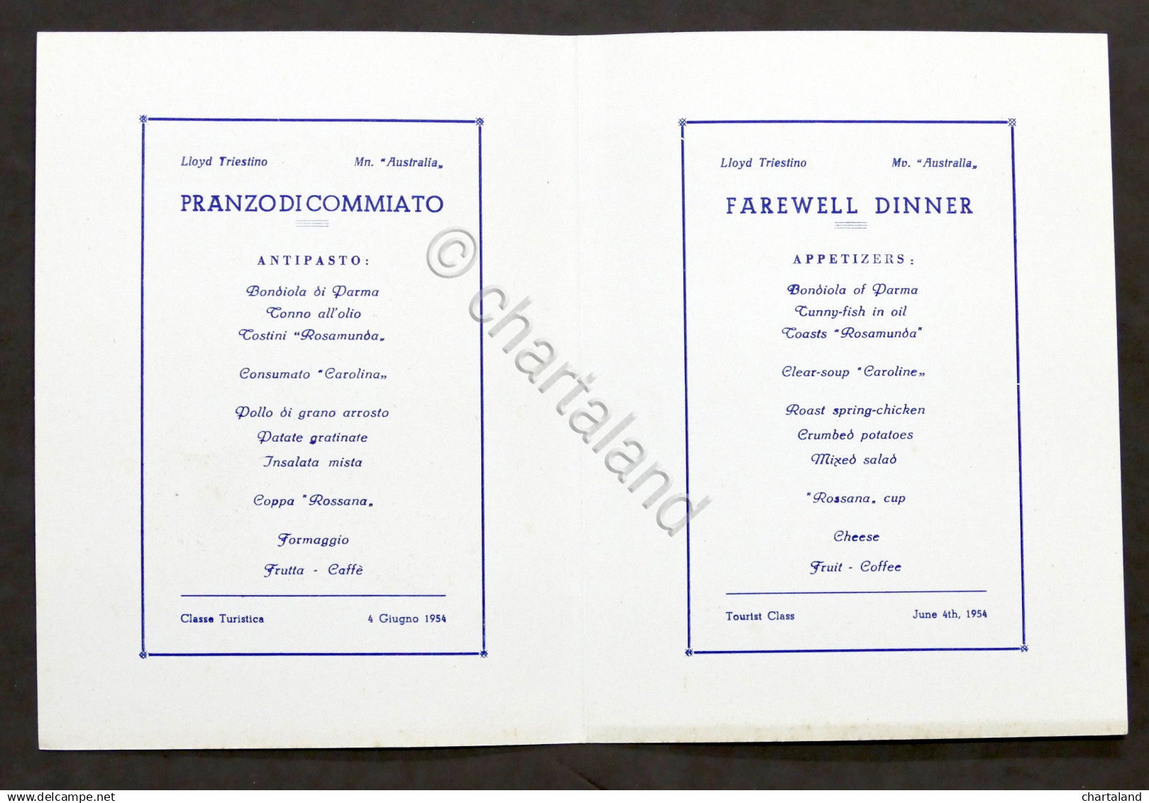 Collezionismo Menu Navi LLOYD Triestino Mn. Australia Antipasto 4 Giugno 1954 - Menus