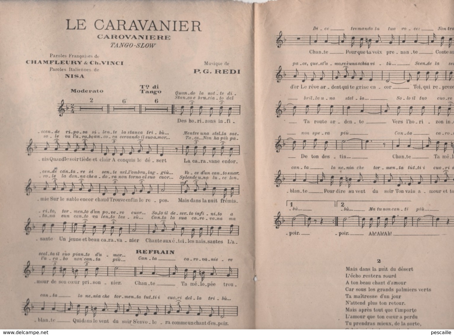 LE CARAVANIER / CAROVANIERE - TANGO SLOW PAROLES ITALIENNES NISA FRANCAISES CHAMFLEURY ET CH VINCI - JEAN LUMIERE - Partitions Musicales Anciennes