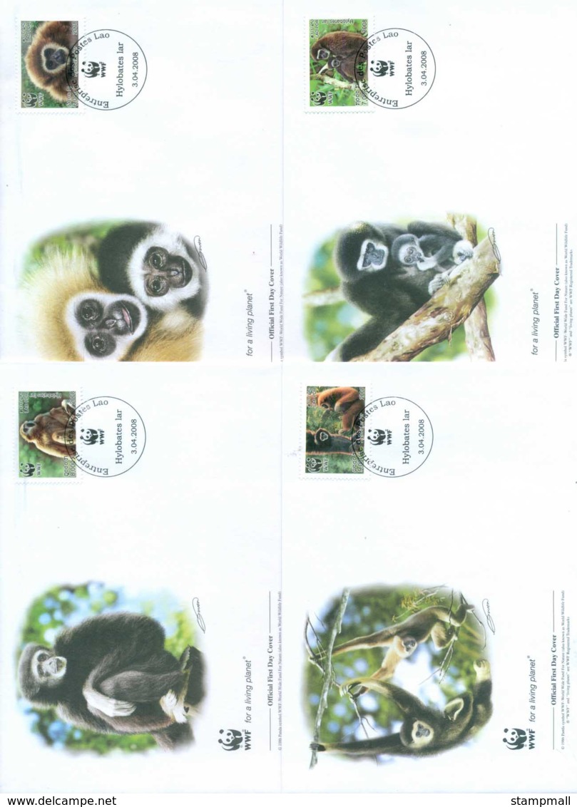Laos 2008 WWF White Handed Gibbon 4x FDC Lot77038 - Laos