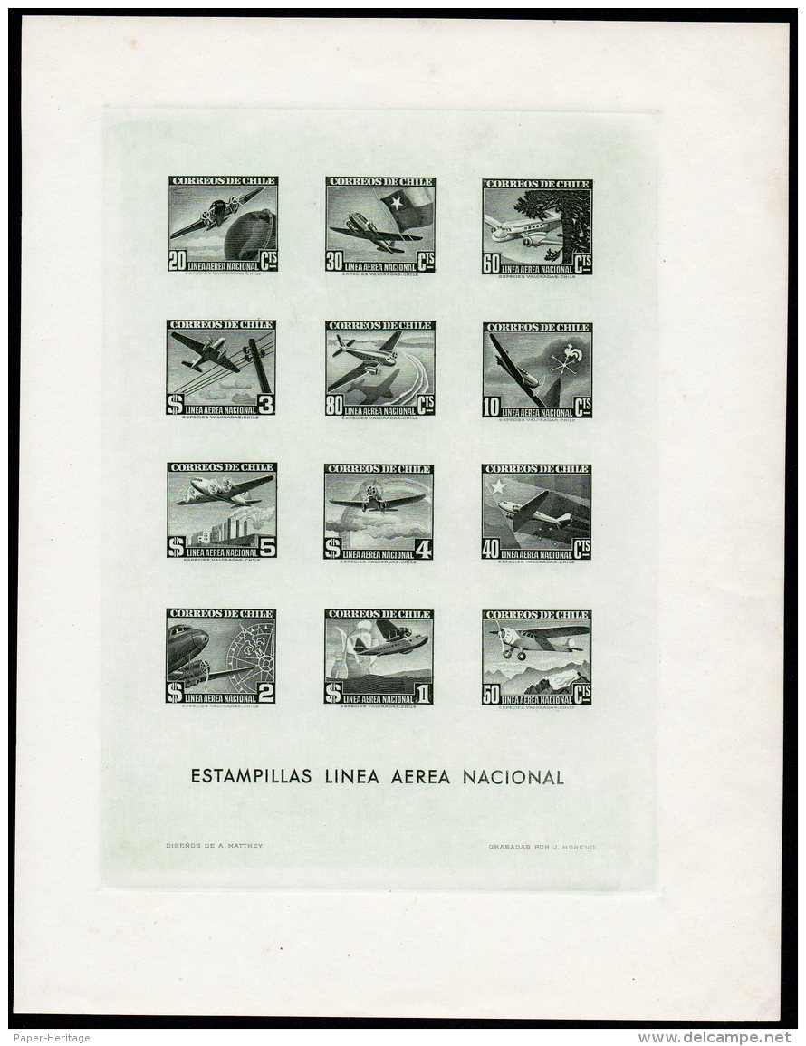 Chile 1942 Airmail Aircraft Special Sheet Printed In Green. Very Scarce. Rainbow , Columbus Ship Compass Etc - Chile