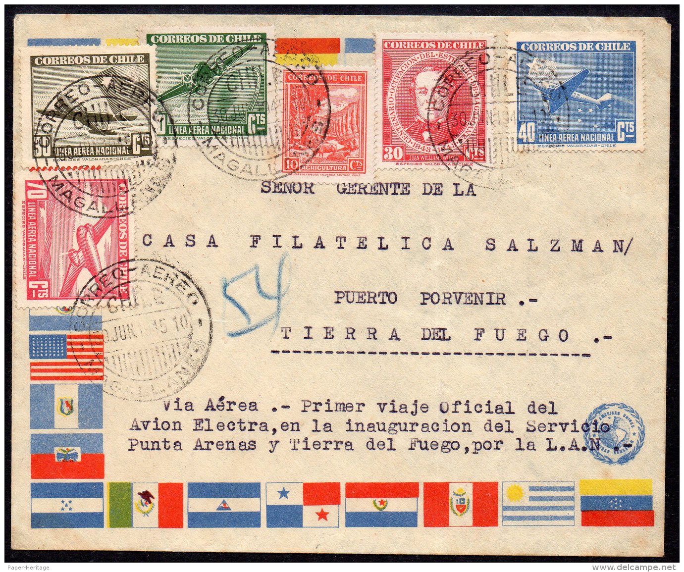 Chile Airmail Cover : 1945 First Flight Tierra Del Fuego Magellanes Cancel : LAN Electra Aircraft - Chile