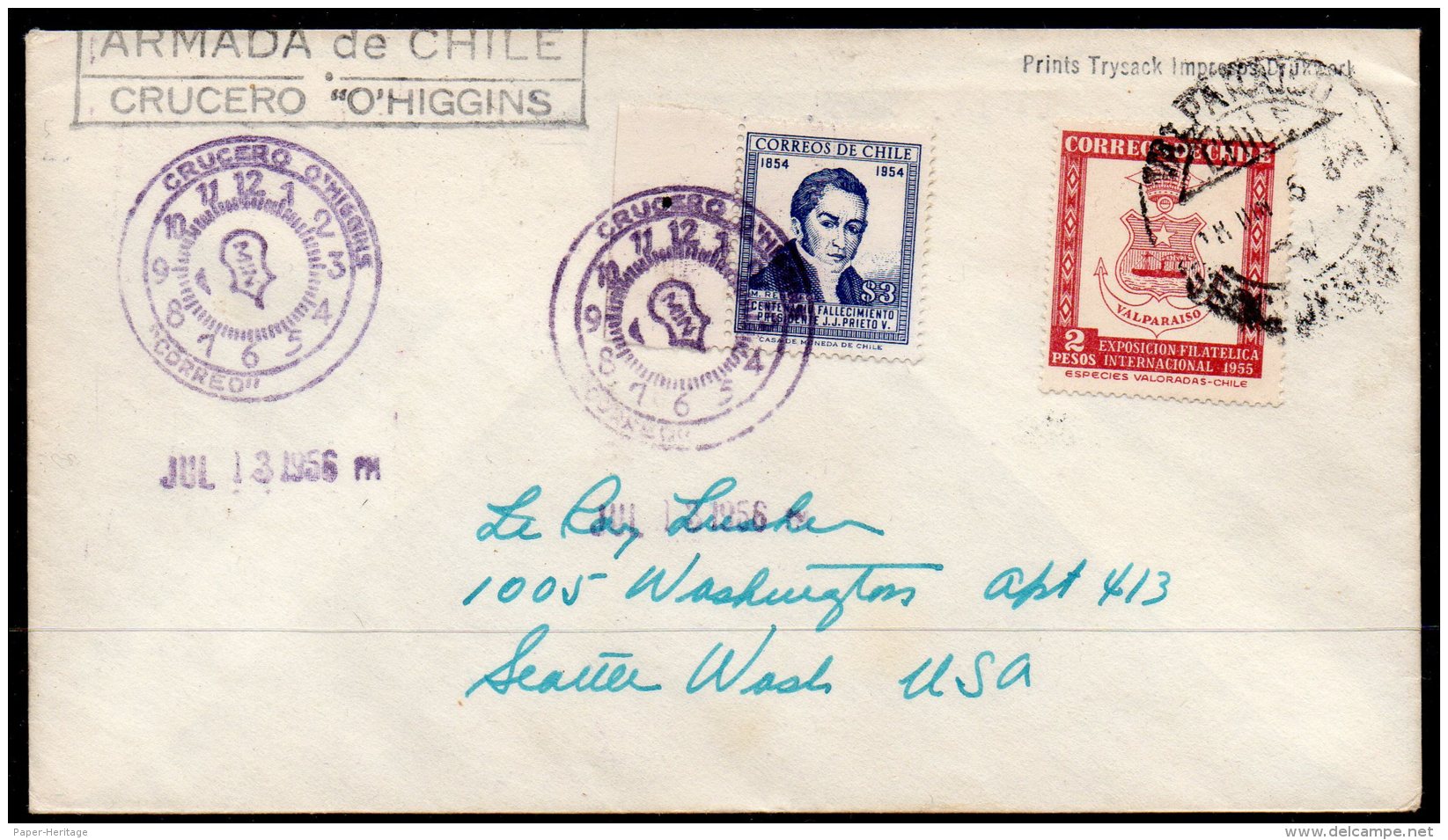 Chile Navy Warship Cover : 1956 Armada De Chile Cruccero Cruiser O&rsquo;Higgins To Seattle : Special Handstamp - Chile