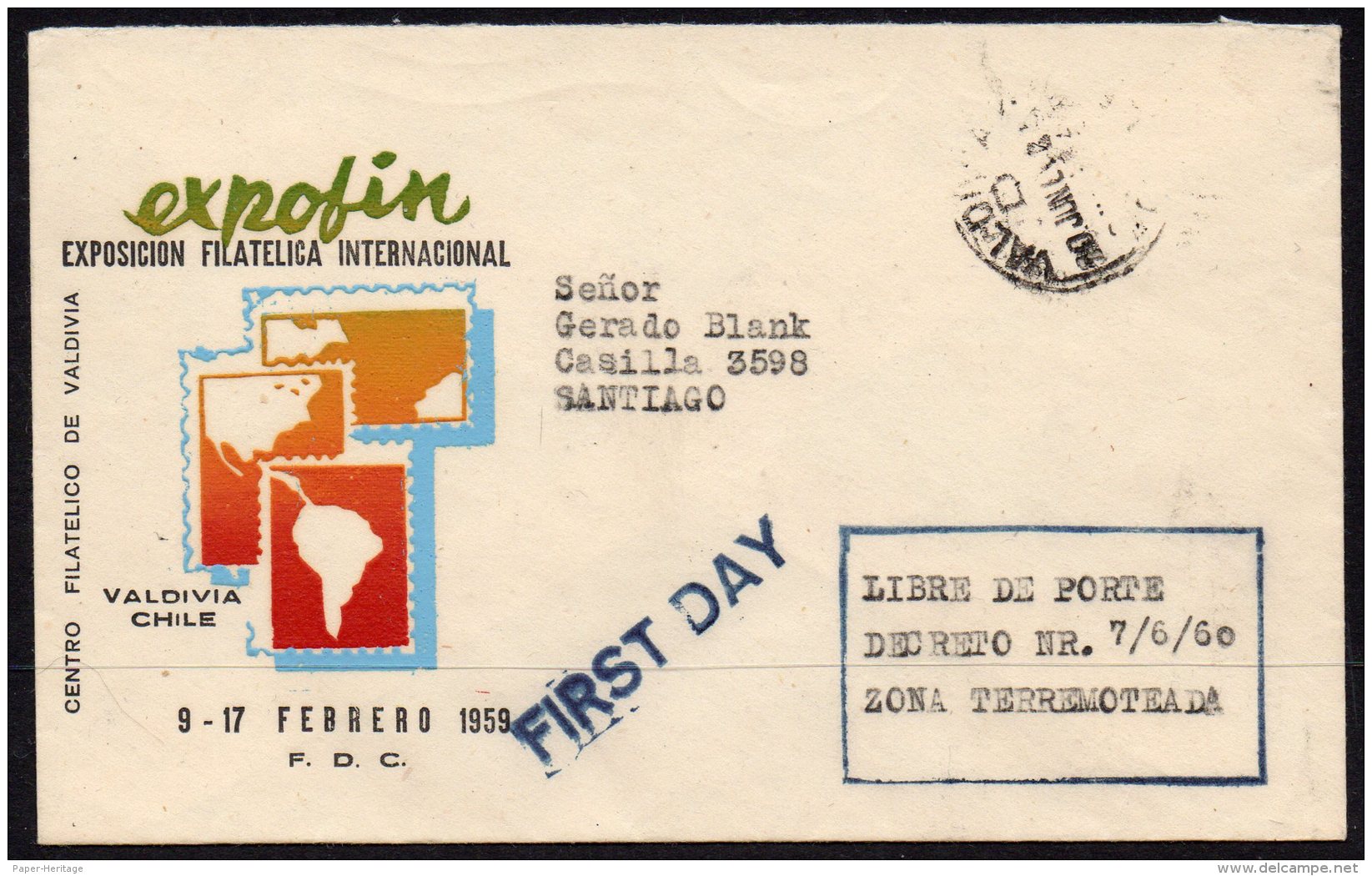 Chile Earthquake Cover : Stated To Be First Day Cover Of Free Postage In Earthquake Area. Valdivia Pmk - Chili
