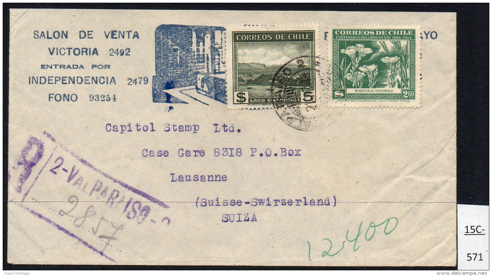 Chile 1949 Registered Letter Cover Valparaiso &ndash; Lausanne Switzerland With 1948 Claude Gay SG 382e Flower - Chile