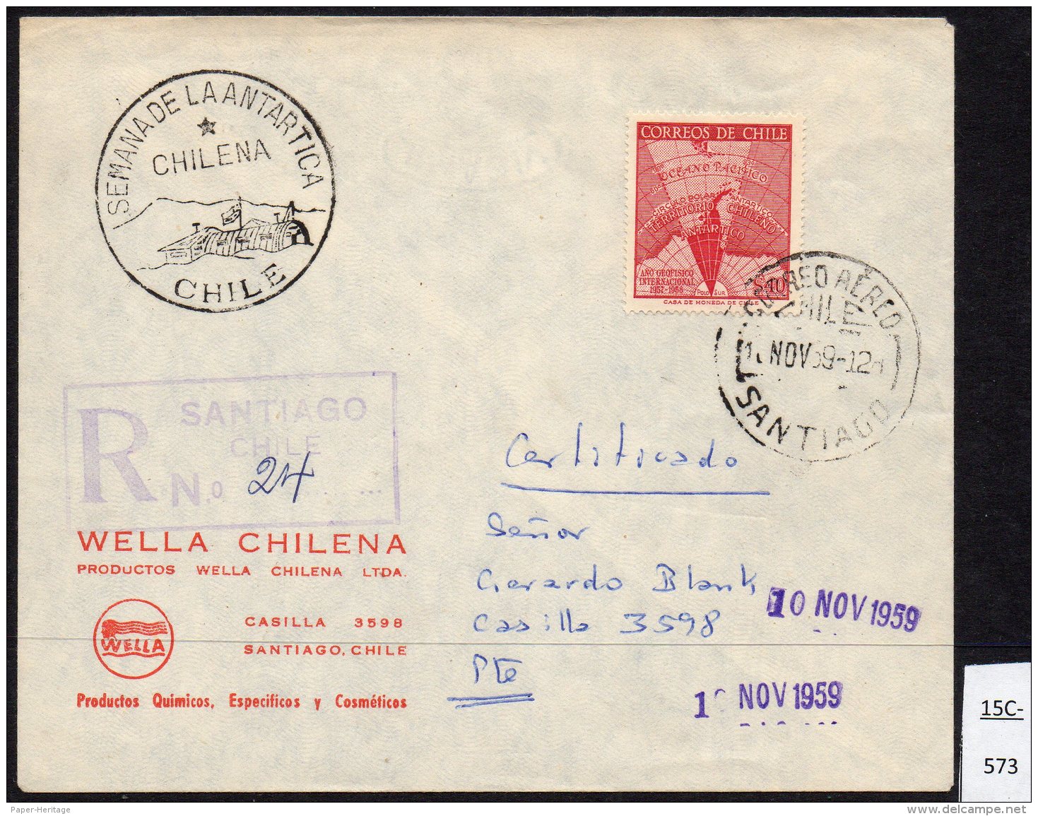 Chile 1959 Antarctic Issue Registered Cover SEMANA DE LA ANTARCTICE CHILENA Cachet &ndash; Santiago 10 NOV 1959 - Chile
