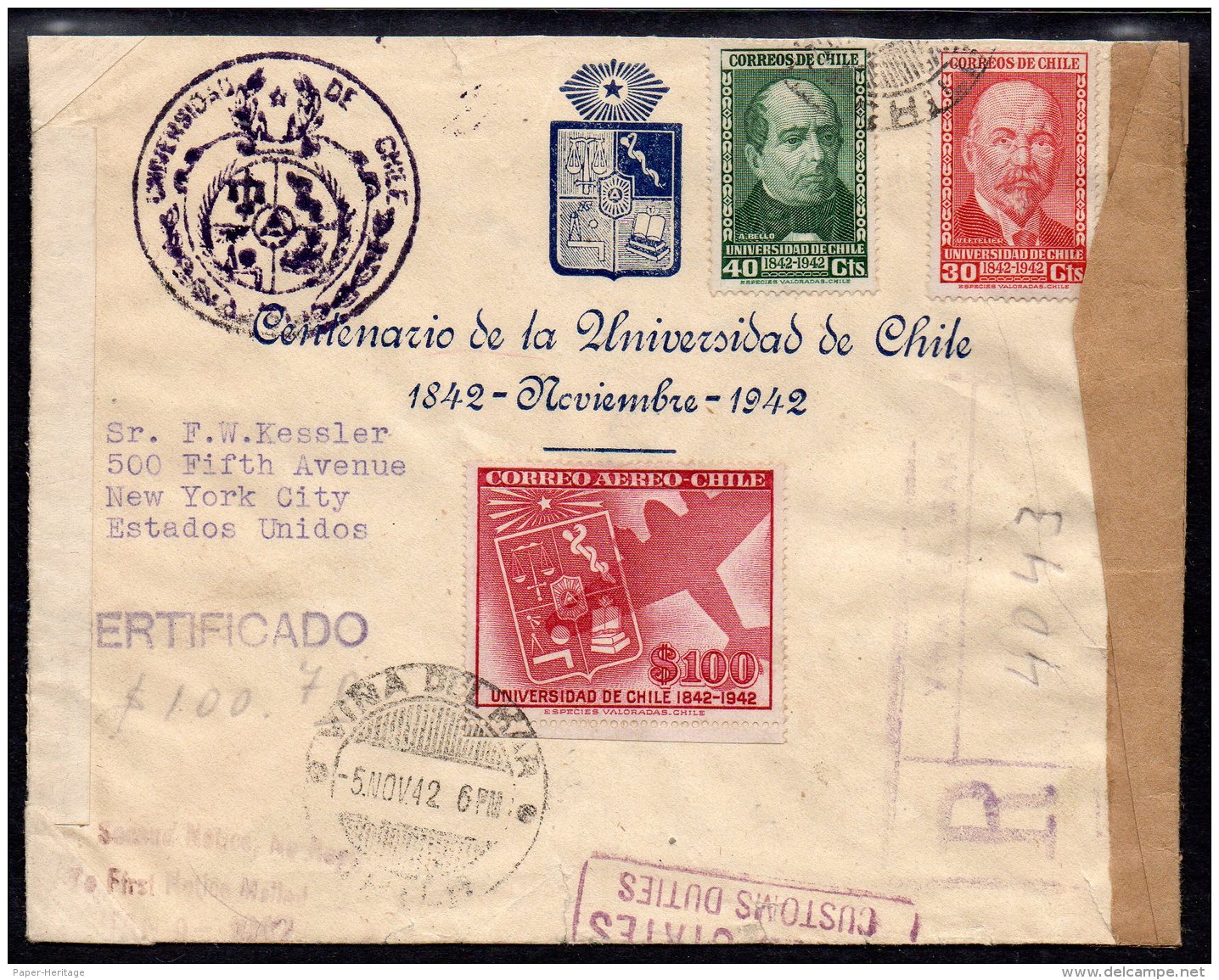 Chile 1942 University 100p On Vina Del Mar Registered Censor Cover To USA With First Day Cancel (5 Nov 1942) - Chile