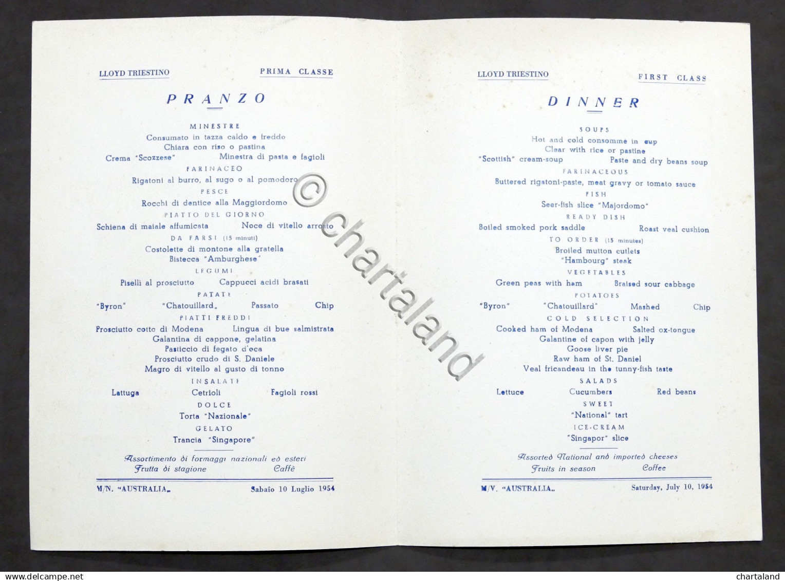 Collezionismo Menu Navi - LLOYD Triestino Mn. Australia - Pranzo 10 Luglio 1954 - Menú