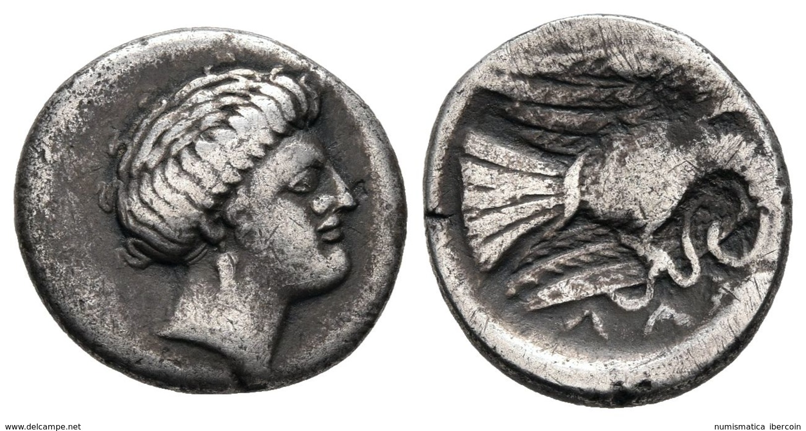 EUBOIA, Chalkis. Dracma. 338-308 A.C. A/ Cabeza De Ninfa Chalkis A Derecha. R/ Aguila Volando A Derecha Sosteniendo Serp - Other & Unclassified