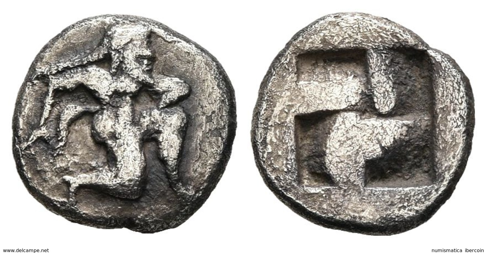 THASOS. Trihemióbolo. 550-463 A.C. A/ Sátiro A Derecha. R/ Cuatripartito Incuso. SNG Cop 191-194 (Lete); BMC 29-36 (Lete - Sonstige & Ohne Zuordnung