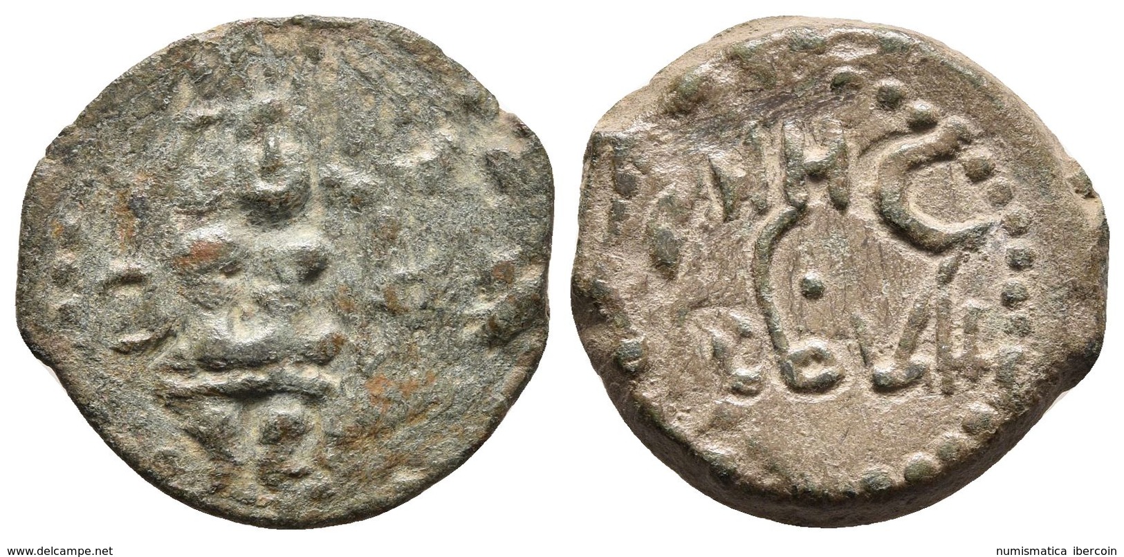 EBUSUS. Semis. 200-100 A.C. Ibiza (Islas Baleares). A/ Bes Con Maza Y Serpiente, A La Izquierda, Letras Fenicias Yod Y B - Otros & Sin Clasificación