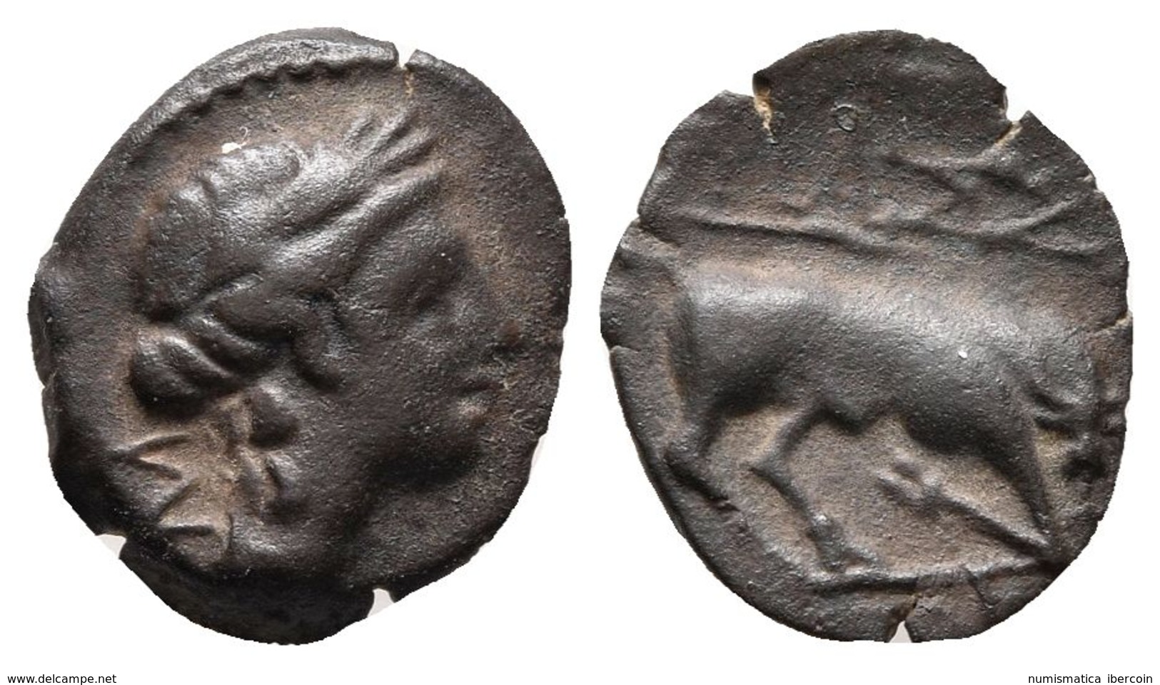 MASSALIA-GALIA. ¿Hemióbolo? 100-170 A.C. Marsella (Francia). A/ Cabeza De Apolo A Derecha, Detrás M. R/ Toro Embistiendo - Other & Unclassified