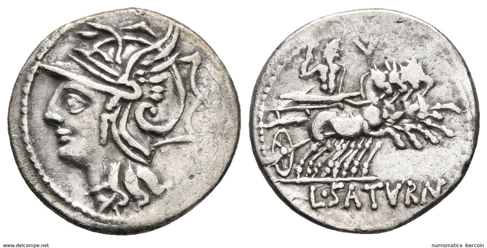 L. APPULEIUS SATURNINUS. Denario. 104 A.C. Roma A/ Cabeza De Roma A Izquierda. R/ Saturno En Cuádriga A Derecha Con Cetr - República (-280 / -27)