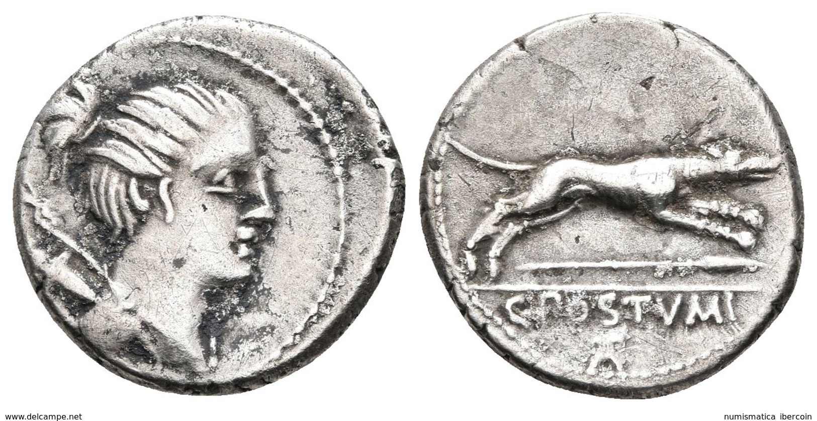 C. POSTUMIUS. Denario. 73 A.C. Roma. A/ Busto De Diana A Derecha, Sobre Su Espalda Arco Y Carcaj. R/ Perro En Marcha A D - Republic (280 BC To 27 BC)