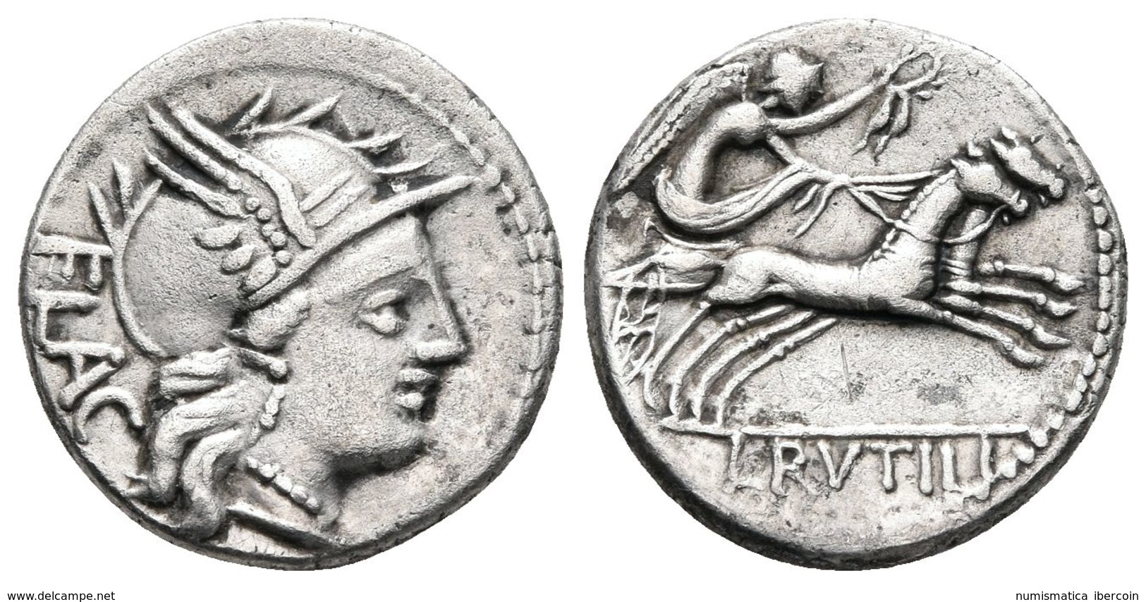 L. RUTILIUS FLACCUS. Denario. 77 A.C. Roma. A/ Cabeza De Roma A Derecha, Detrás FLAC. R/ Victoria En Biga Portando Coron - Republic (280 BC To 27 BC)