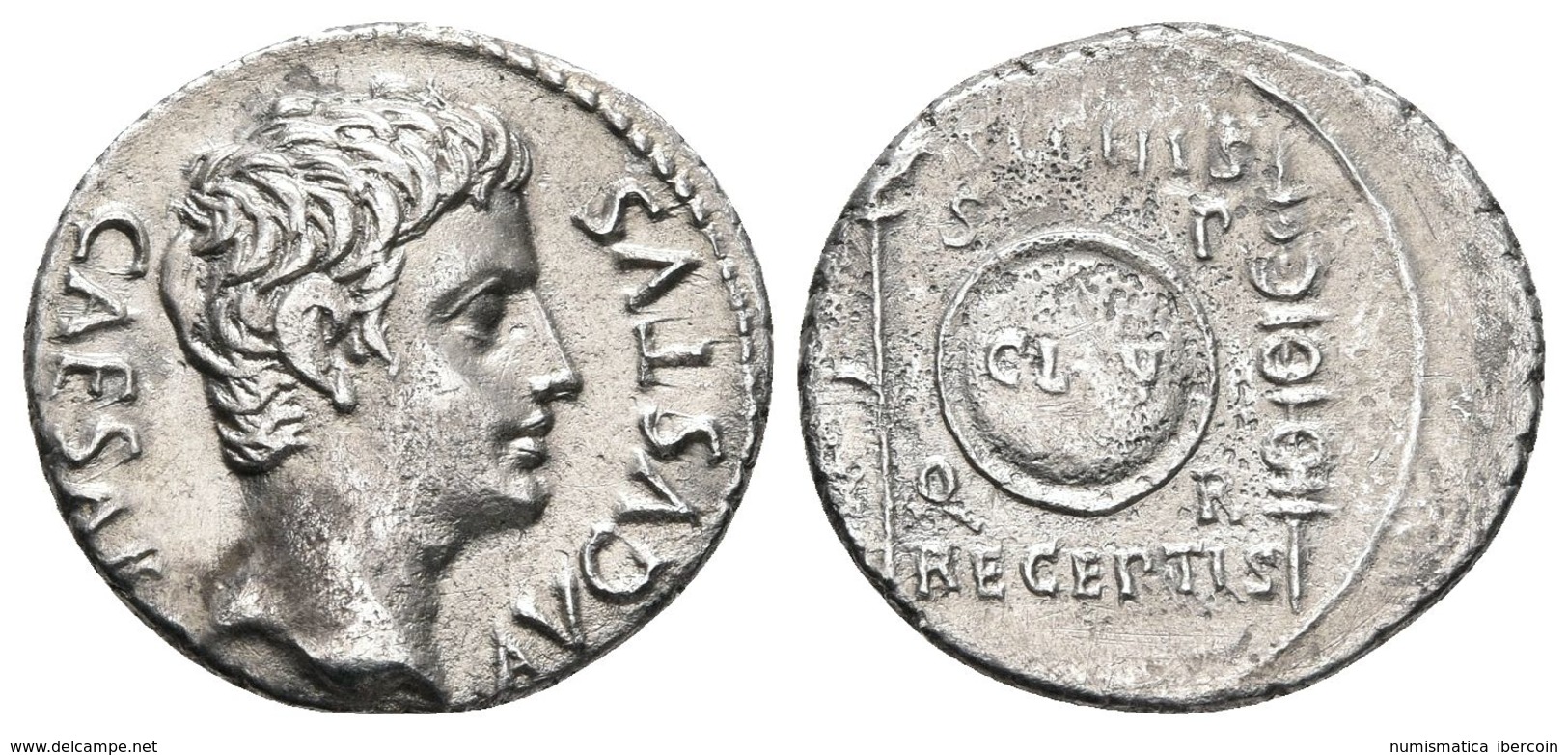 AUGUSTO. Denario. 19 A.C. ¿Colonia Patricia?. A/ Cabeza A Derecha. CAESAR AVGVSTVS. R/ Escudo Redondo Inscrito CL · V; C - Republic (280 BC To 27 BC)