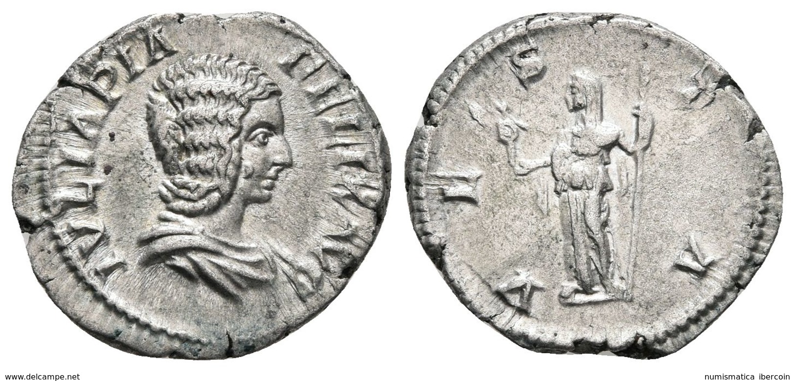 JULIA DOMNA. Denario. 211-217 D.C. Roma. A/ Busto Drapeado A Derecha. IVLIA PIA FELIX AVG. R/ Vesta Estante A Izquierda  - República (-280 / -27)