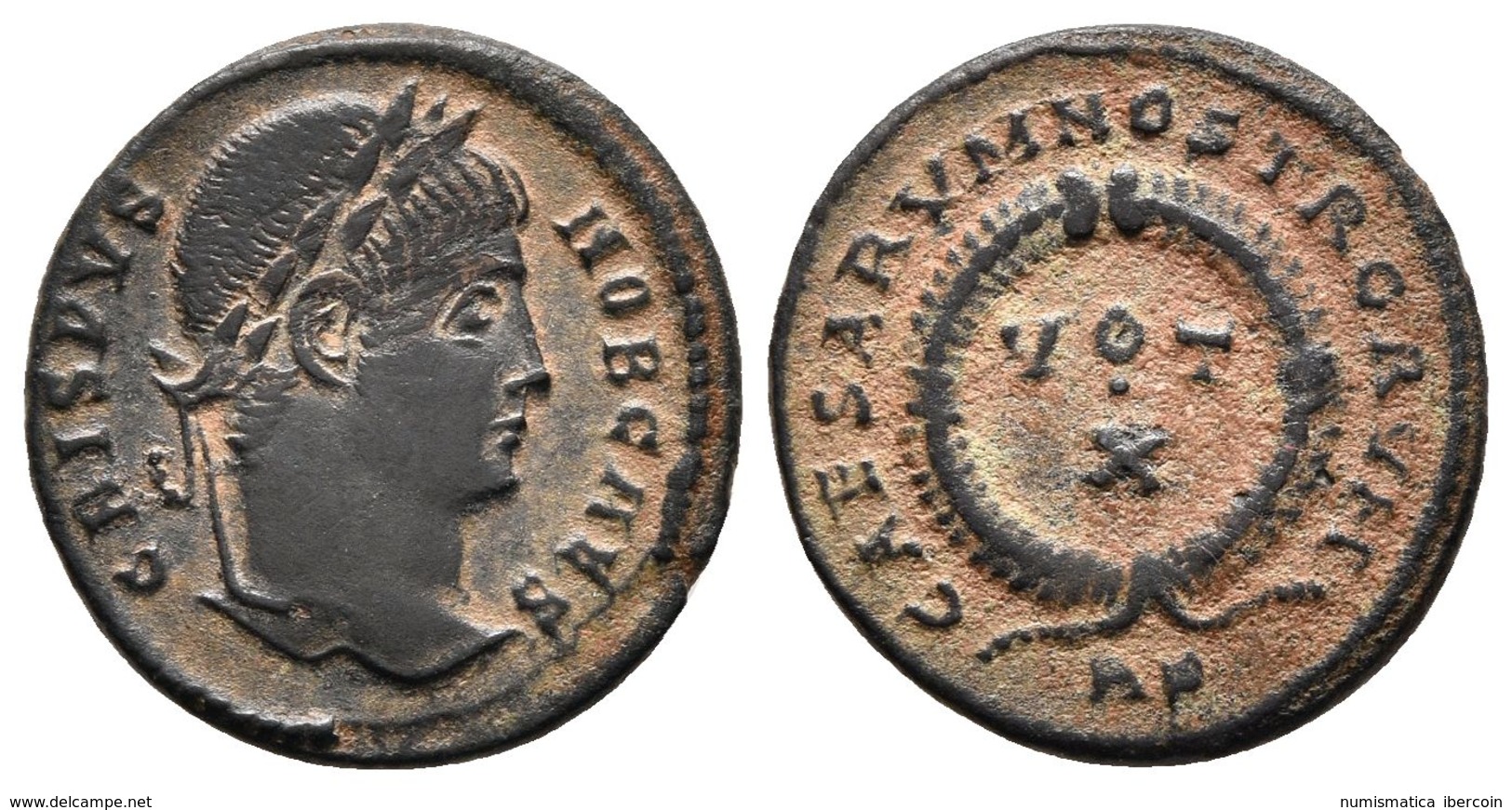 CRISPO. Follis. 321 D.C. Roma. A/ Busto Laureado A Derecha. CRISPVS NOB CAES. R/ Corona De Laurel, Dentro VOT-X, Alreded - Republic (280 BC To 27 BC)