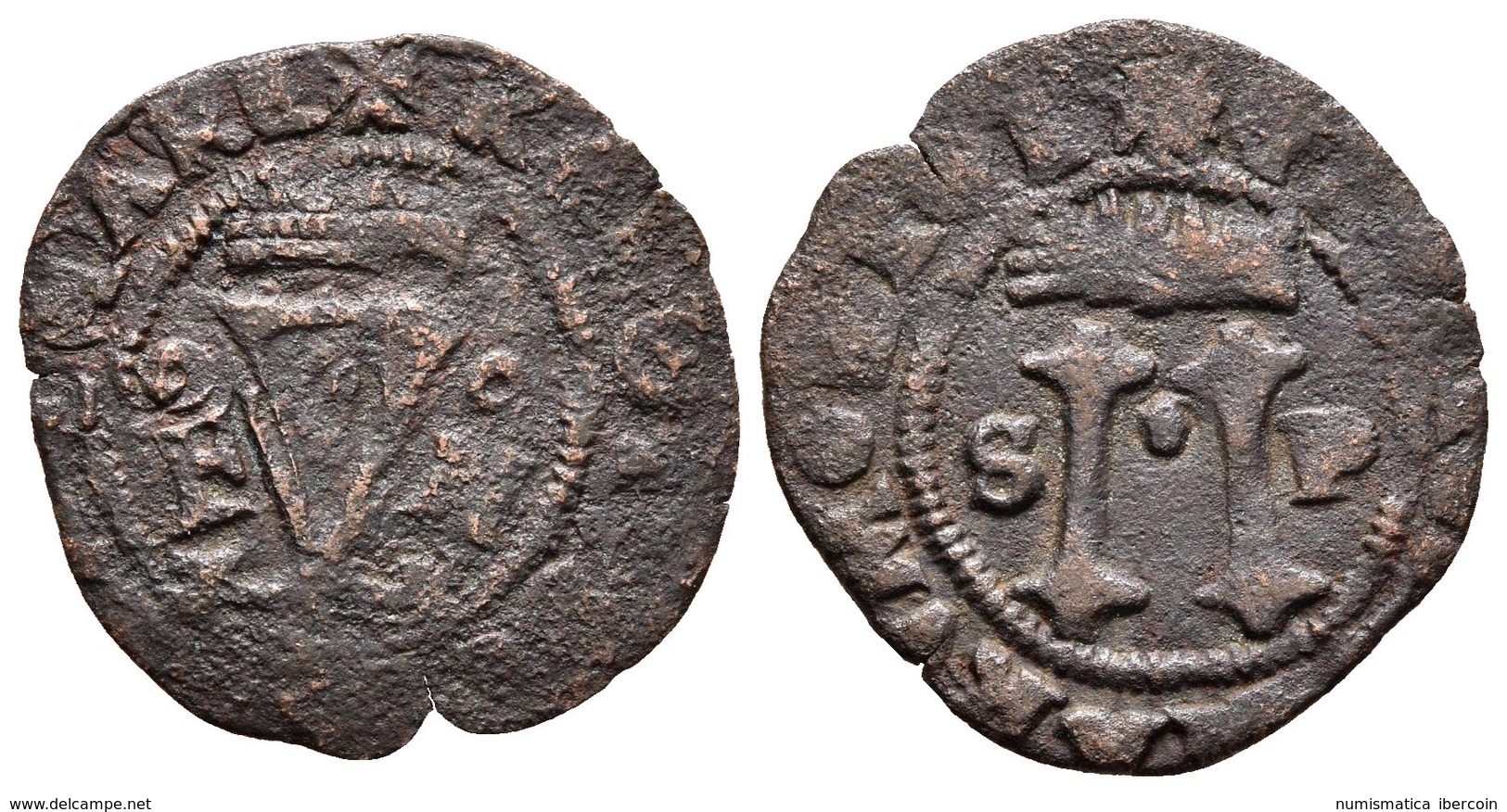 JUANA Y CARLOS. 4 Maravedís. (1504-1555). Santo Domingo. A/ F-IIII. R/ S-P. Cal-208. Ae. 2,22g. BC/MBC-. - Other & Unclassified