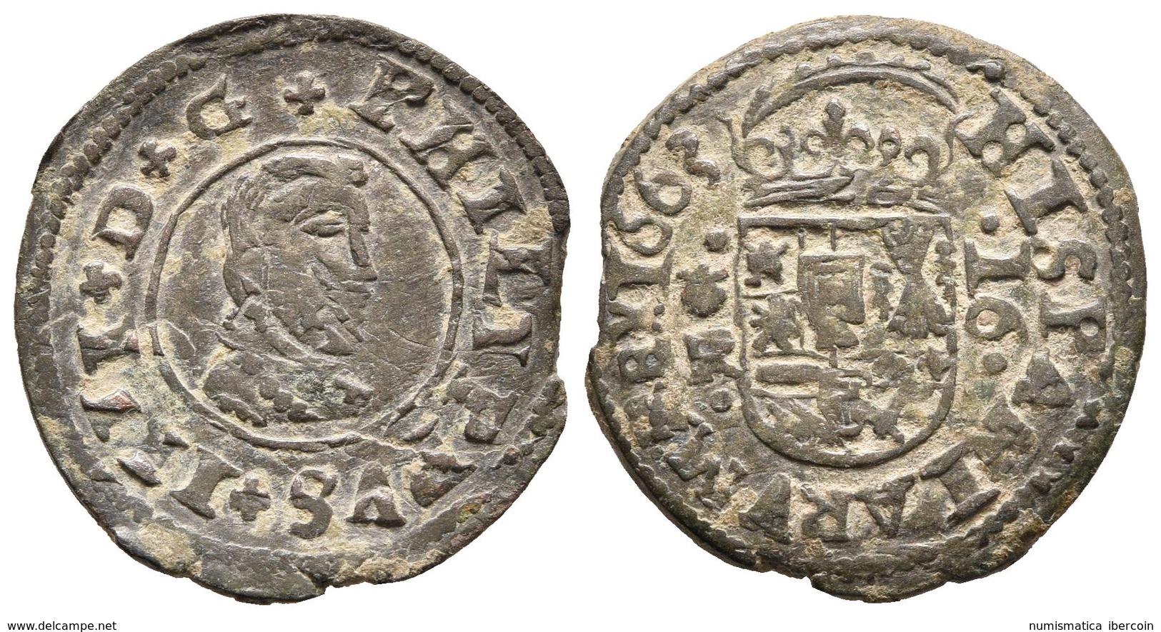 FELIPE IV. 16 Maravedís. 1663. Coruña R. Cal-1301; J.S. M-30. Ae. 4,96g. BC+/MBC-. Escasa. - Andere & Zonder Classificatie