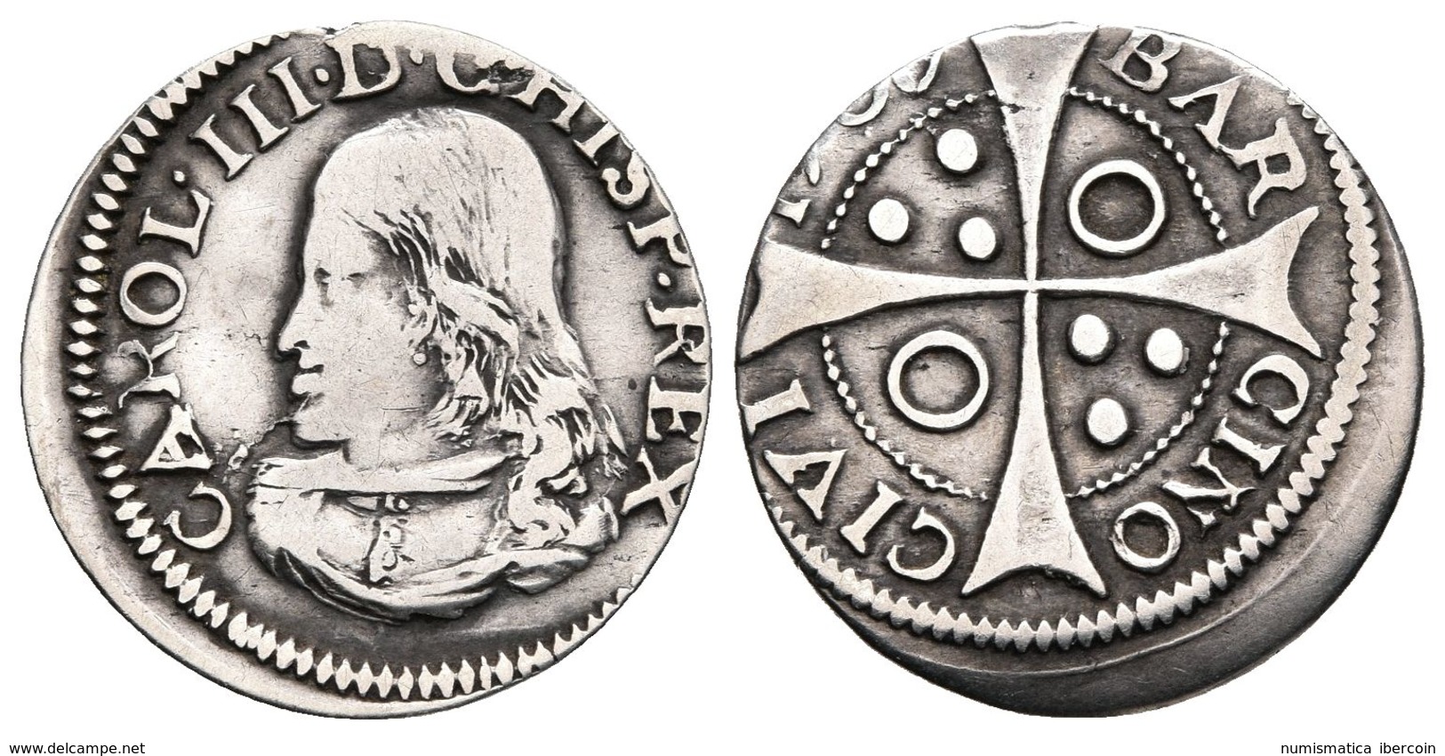 CARLOS III, El Pretendiente. 1 Croat. 1705/6. Barcelona. Cru.C.G. No Cita; Badia No Cita; Cal-No Cita. Ar. 2,19g. MBC. - Otros & Sin Clasificación