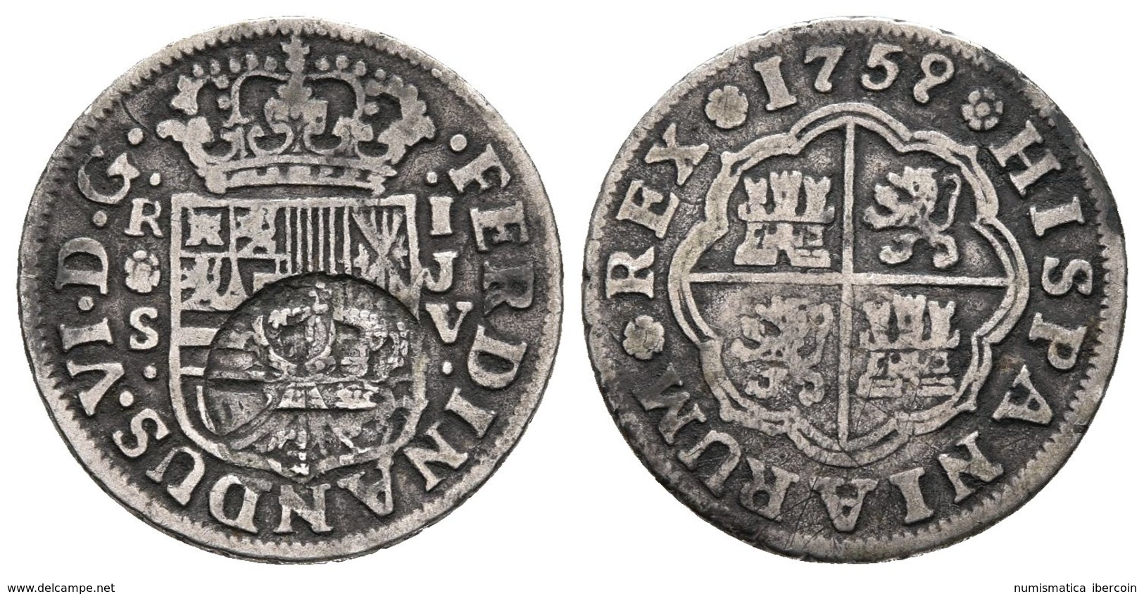 FERNANDO VI. 1 Real. 1759. Sevilla JV. Resello GP Bajo Corona (MBC-), Del Gobierno Portugués. Cal-615. Ar. 2,73g. MBC. - Otros & Sin Clasificación