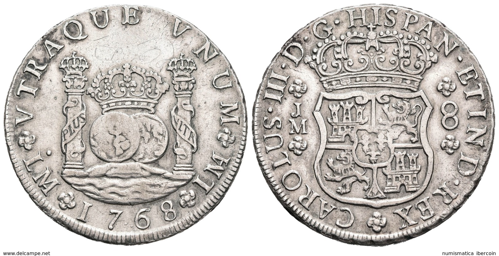 CARLOS III. 8 Reales. 1768. Lima JM. Columnario. Punto Sobre La Primera LMA. Cal-844. Ar. 26,98g. Graffiti En Anverso So - Otros & Sin Clasificación