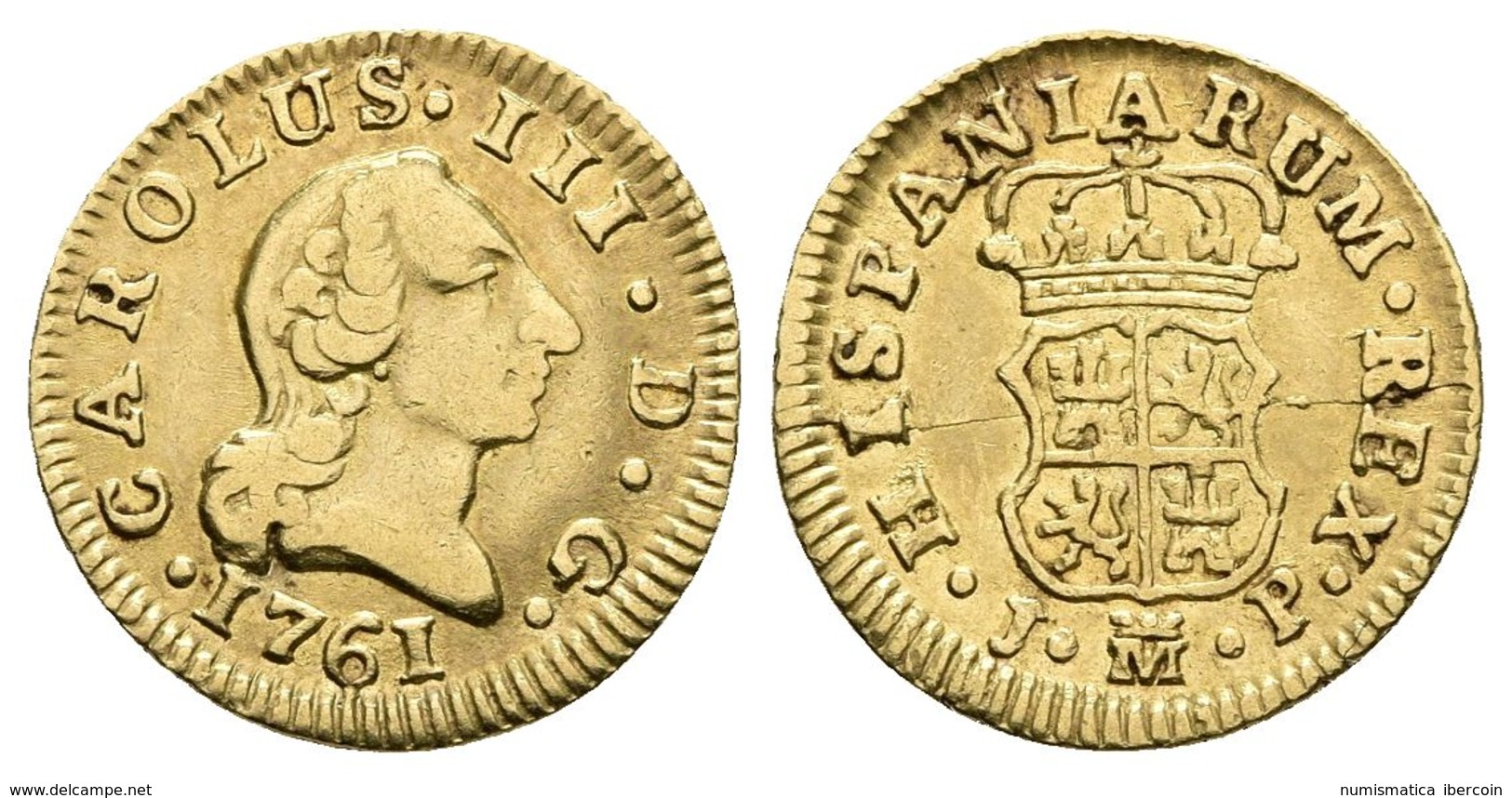 CARLOS III. 1/2 Escudo. 1761. Madrid JP. Cal-754. Au. 1,77g. Cuño Roto En Reverso. MBC. - Otros & Sin Clasificación