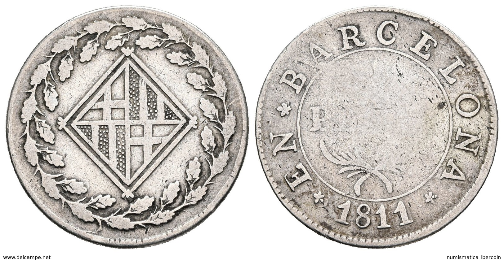 JOSE NAPOLEON. 1 Peseta. 1811. Barcelona. Cal-47. Ar. 5,44g. BC/MBC. - Otros & Sin Clasificación