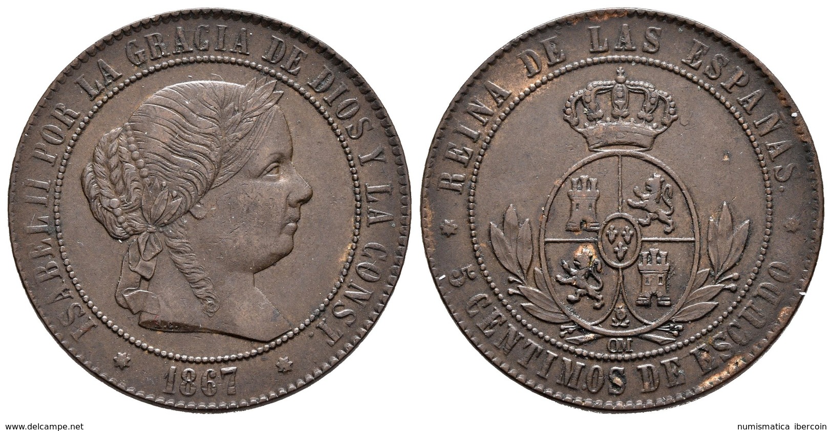 ISABEL II. 5 Céntimos De Escudo. 1867. Sevilla OM. Cal-634. Ae. 12,53g. MBC+/MBC. - Otros & Sin Clasificación