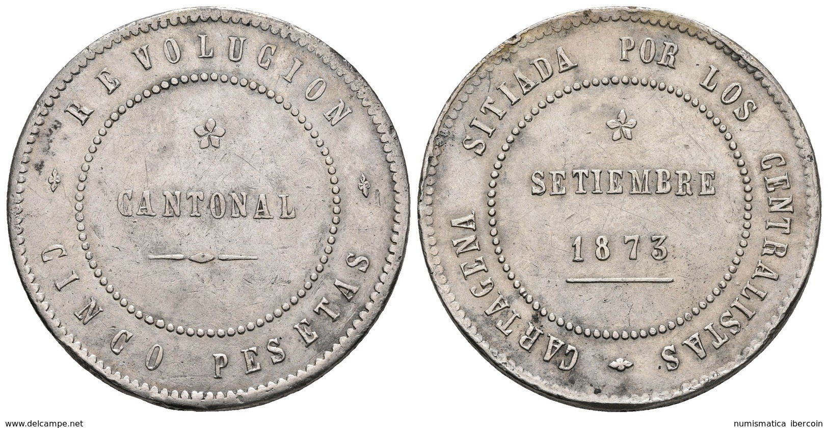 REVOLUCION CANTONAL. 5 Pesetas. 1873. Cartagena . Cal-5. Ar. 29,39g. MBC+. - Other & Unclassified