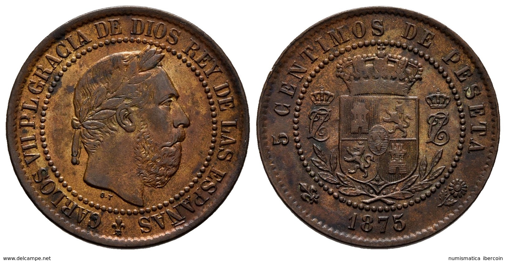 CARLOS VII. 5 Céntimos 1875. Bruselas. Cal-10. Ae. 5,06g. Alabeada. MBC-. - Otros & Sin Clasificación