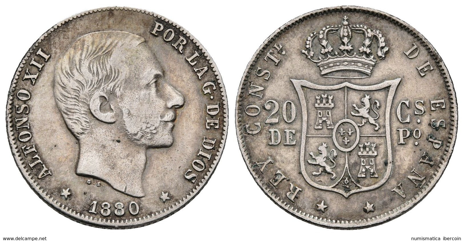 ALFONSO XII. 20 Centavos. 1880. Manila. Cal-93. Ar. 5,10g. MBC. Rara. - Other & Unclassified