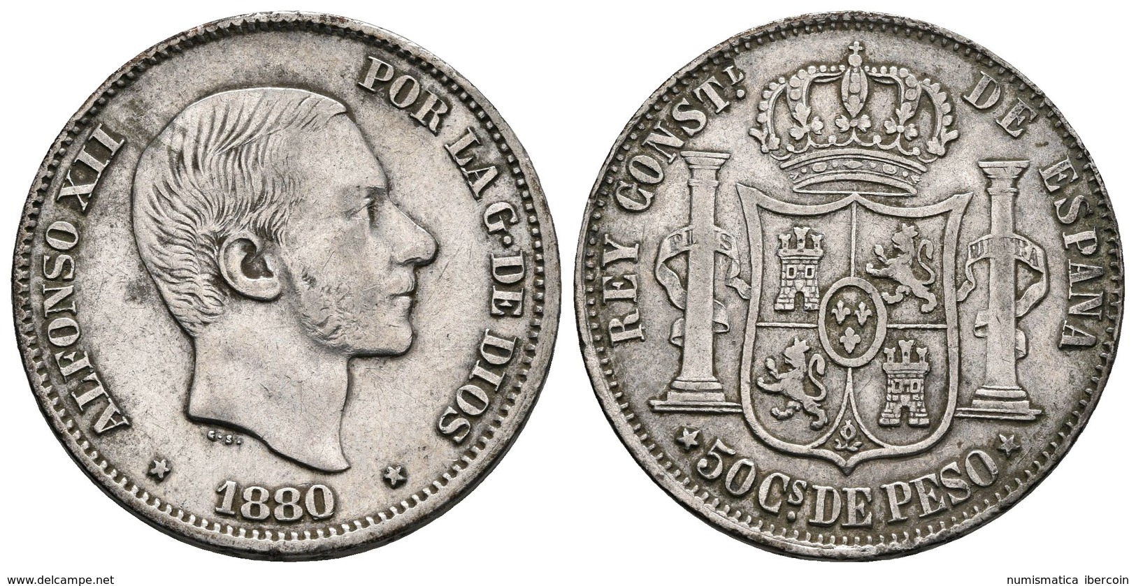 ALFONSO XII. 50 Centavos De Peso. 1880. Manila. Cal-78. Ar. 12,99g. MBC+/MBC. Rara. - Sonstige & Ohne Zuordnung