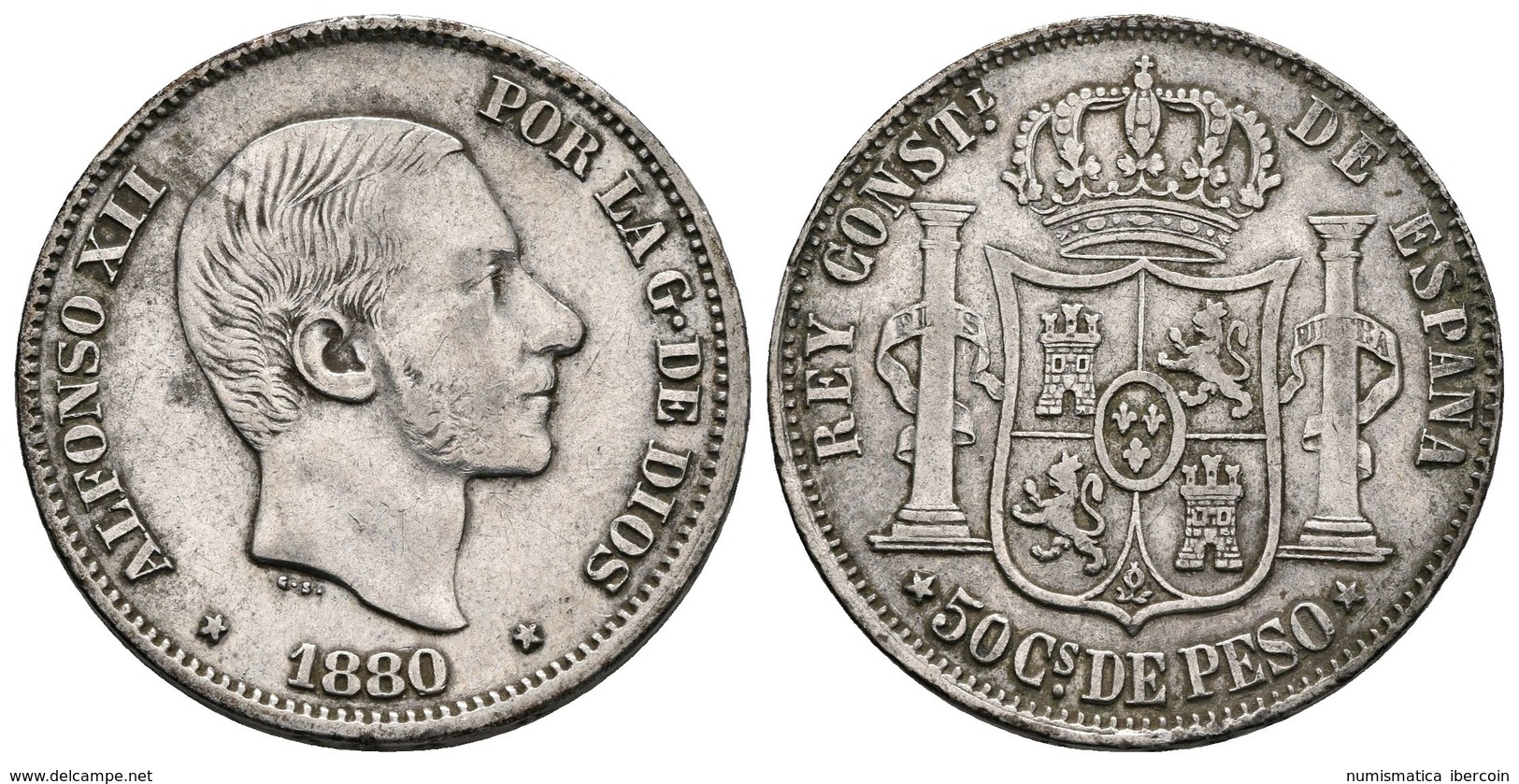 ALFONSO XII. 50 Centavos De Peso. 1880. Manila. Cal-78. Ar. 12,99g. MBC+/MBC. Rara. - Otros & Sin Clasificación