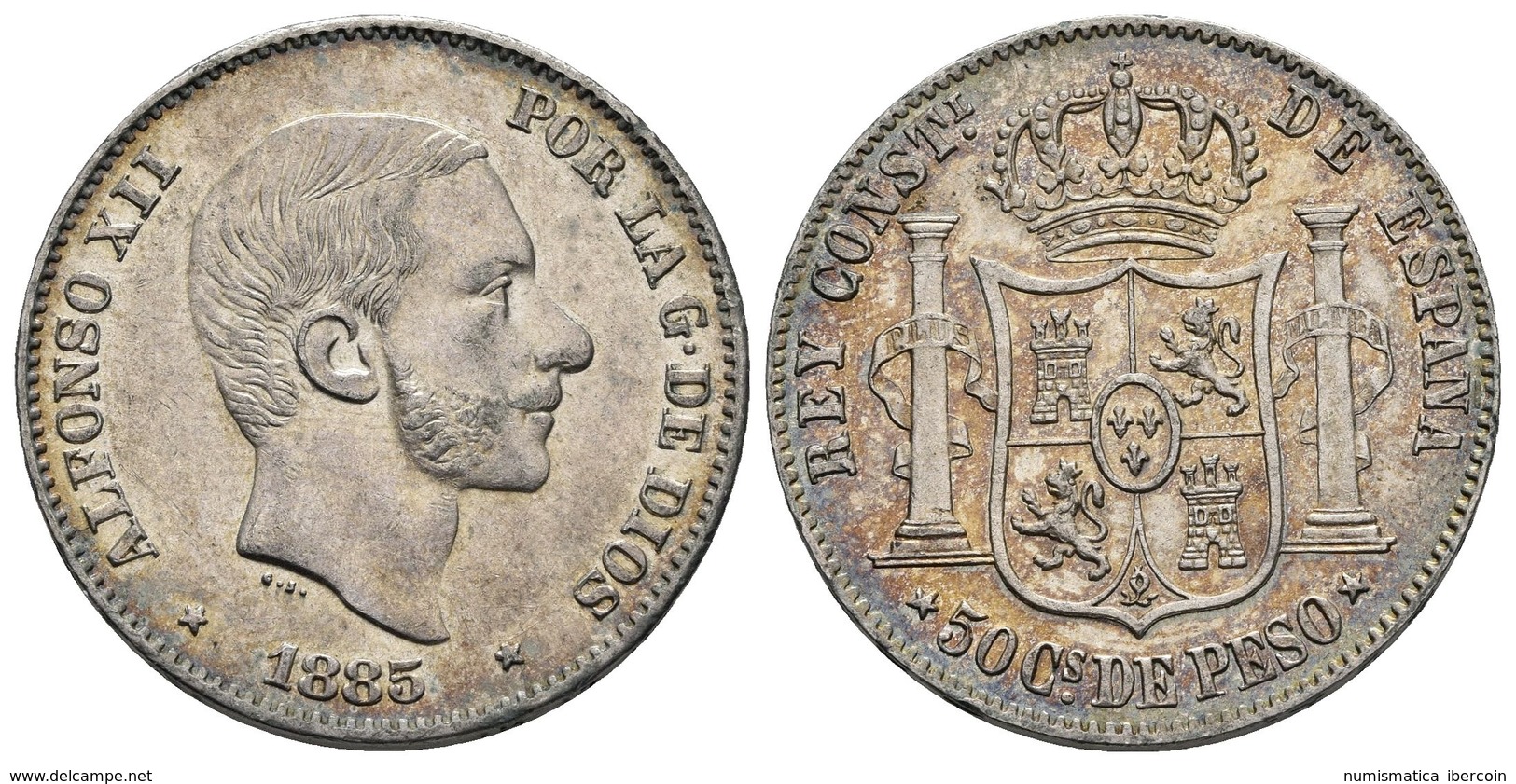 ALFONSO XII. 50 Centavos De Peso. 1885. Manila. Cal-86. Ar. 12,89g. Preciosa Pátina, Parte Del Brillo Original. EBC. - Other & Unclassified