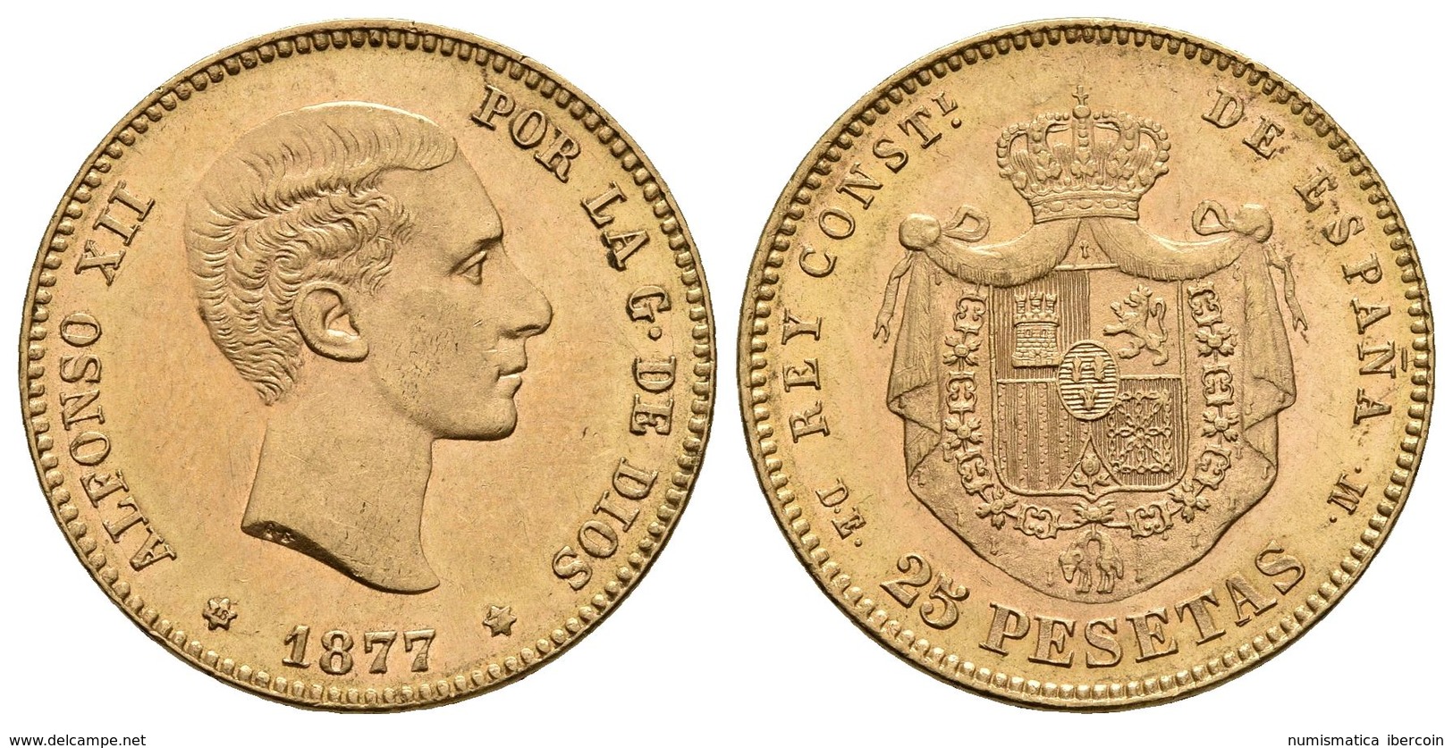 ALFONSO XII. 25 Pesetas. 1877 *18-7_ (fallo En La Estrella). Madrid DEM. Cal-3. Au. 8,06g. EBC. - Otros & Sin Clasificación