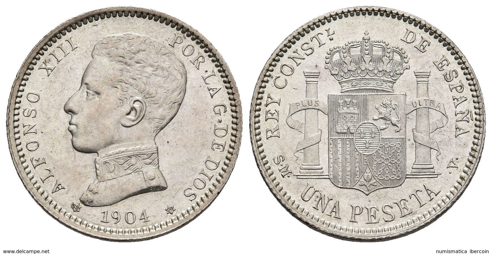 ALFONSO XIII. 1 Peseta. 1904 *19-04. Madrid SMV. Cal-50. Ar. 5,00g. SC-. - Otros & Sin Clasificación