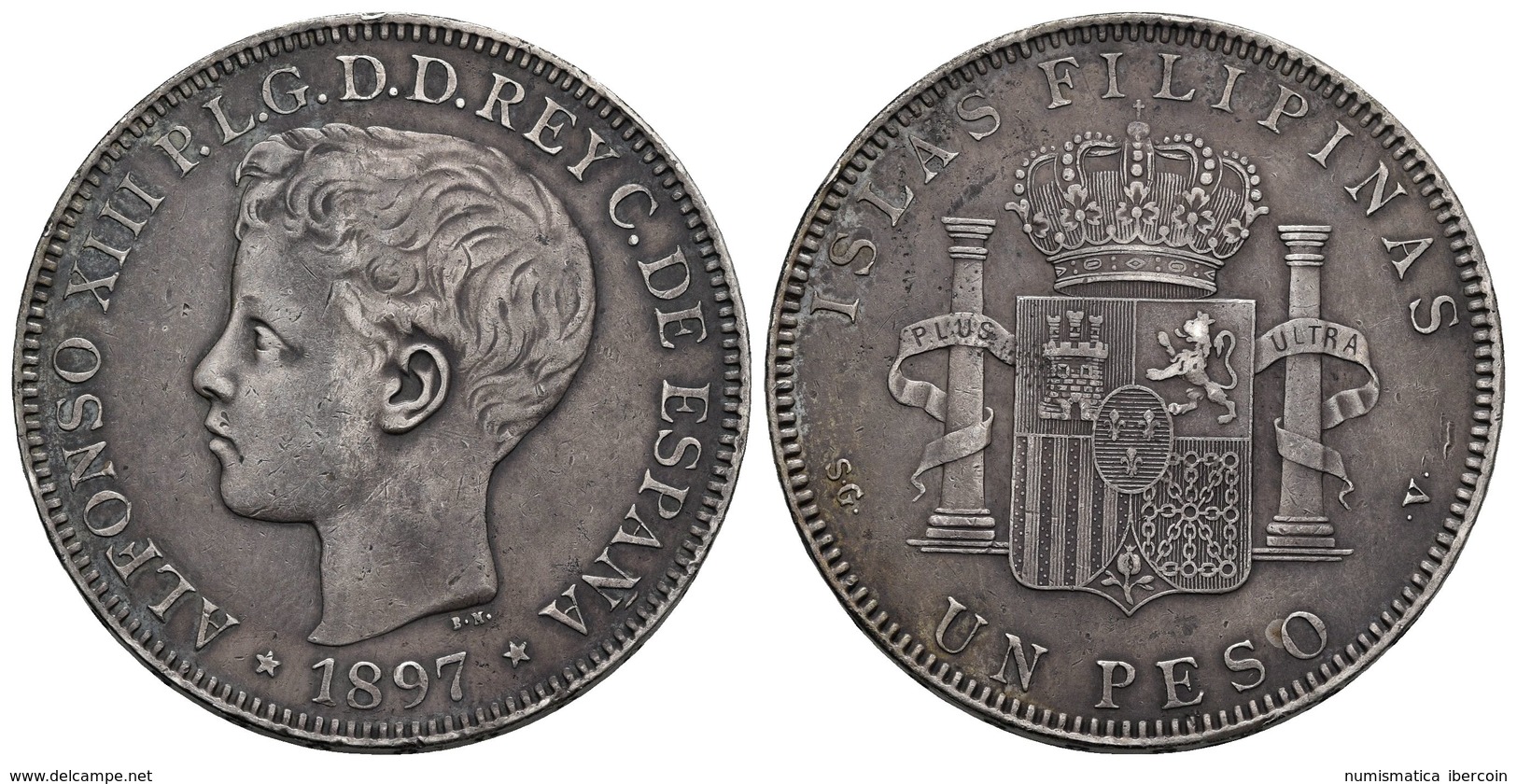 ALFONSO XIII. 1 Peso. 1897. Manila SGV. Cal-81. Ar. 24,77g. Pátina. MBC+. - Otros & Sin Clasificación