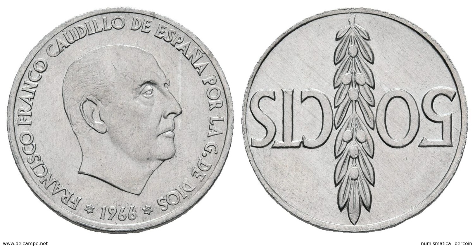 ESTADO ESPAÑOL. 50 Céntimos. 1966 *19-68. Madrid. Reverso Girado 180 Grados. Cal-115. Al. 0,98g. SC. - Sonstige & Ohne Zuordnung