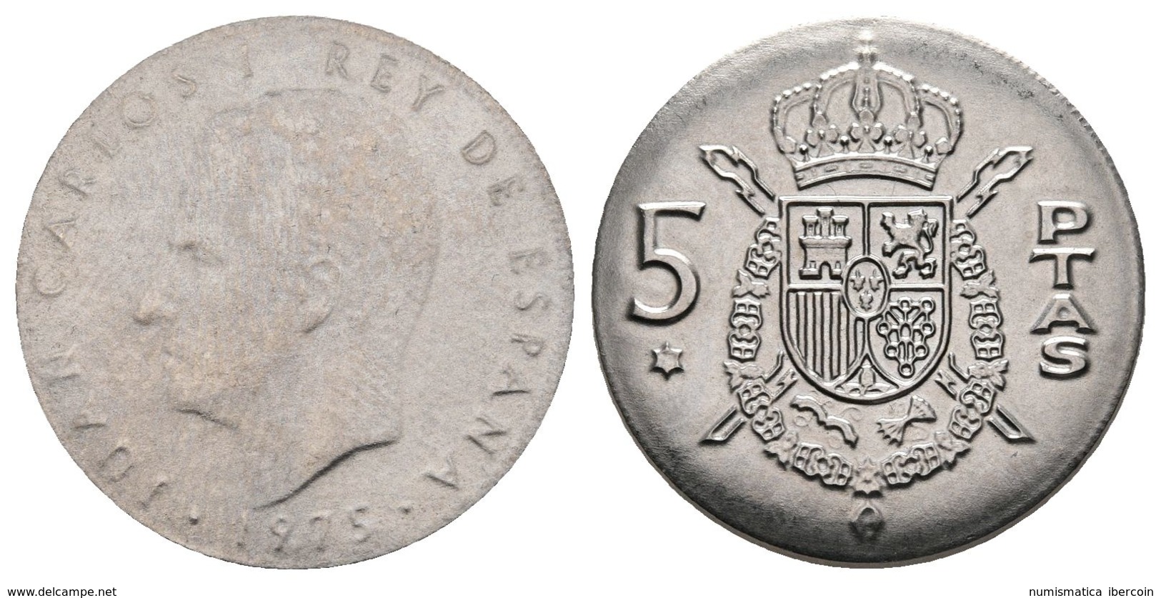 JUAN CARLOS I. 5 Pesetas. 1975. Acuñada Sobre Cospel De Inferior Tamaño Y Algo Cóncavo. 3,67g. EBC+. - Other & Unclassified